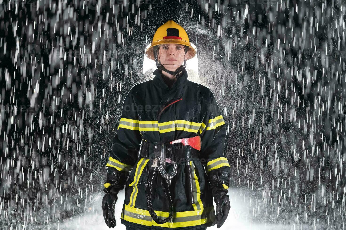 Portrait of a female firefighter standing and walking brave and optimistic. photo