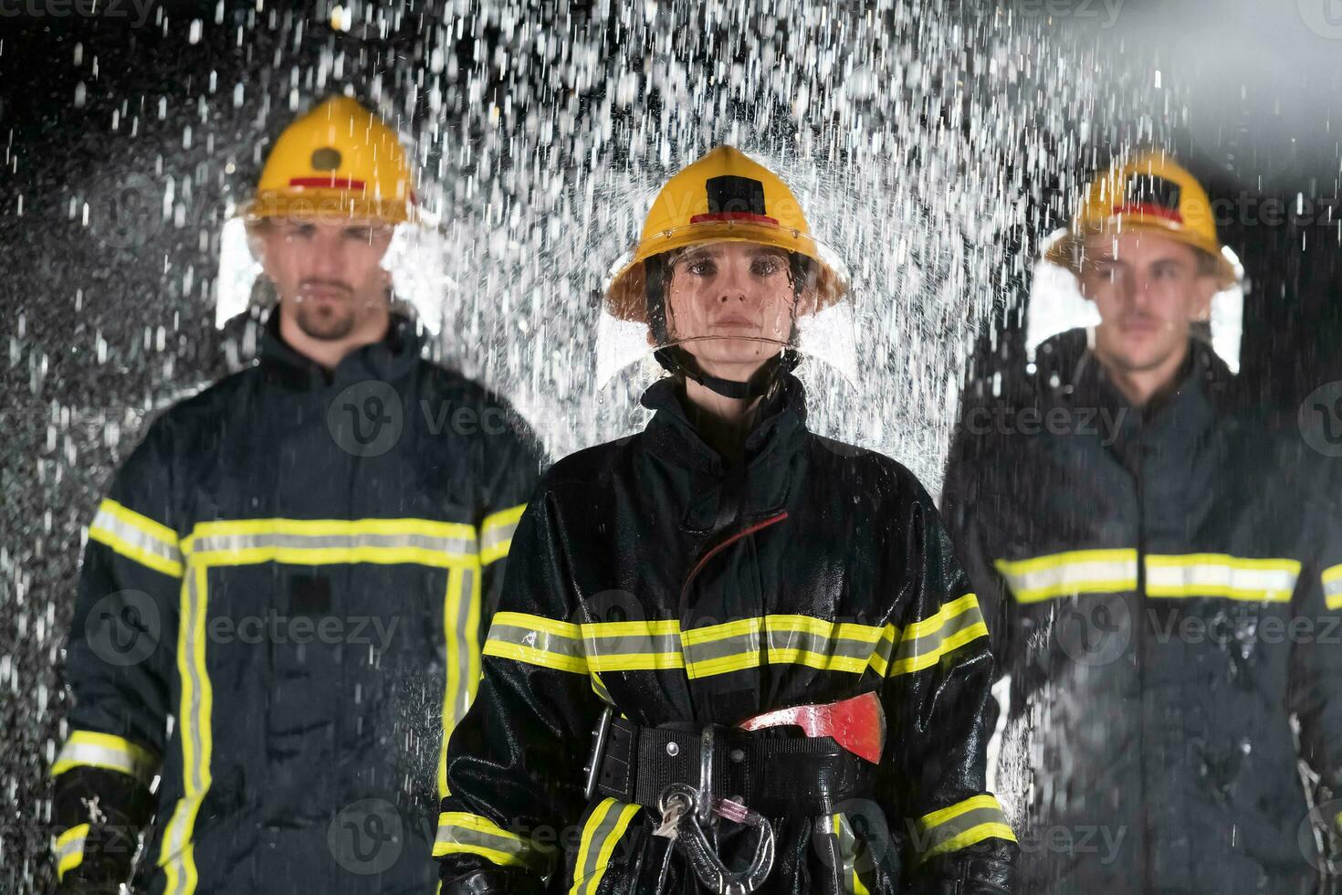 Portrait of a group of firefighters standing and walking brave and optimistic with a female as team leader. photo