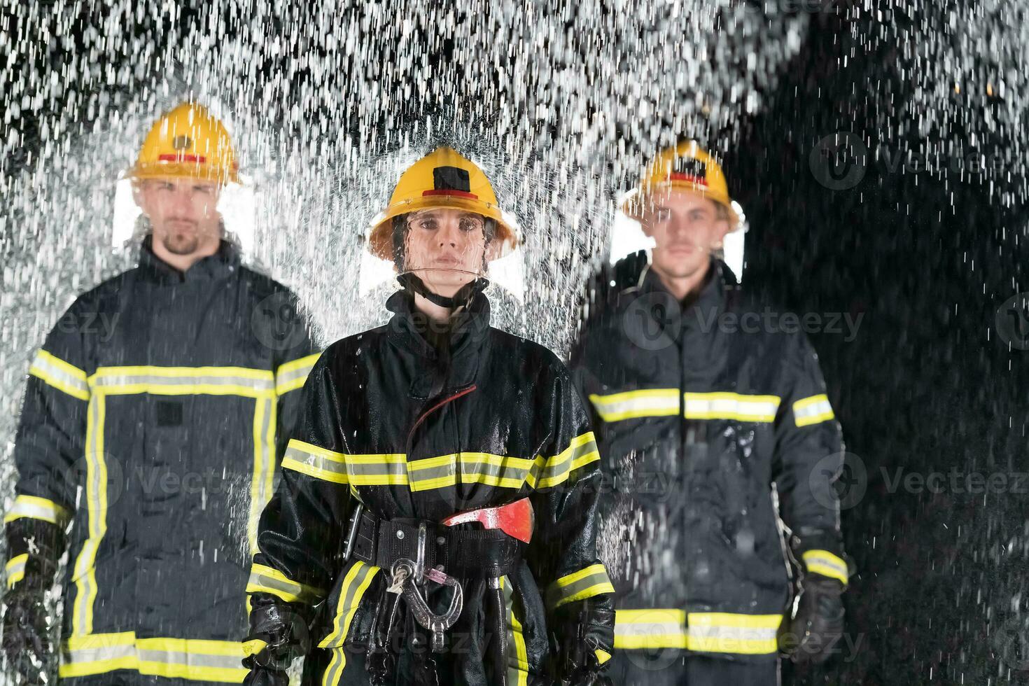 Portrait of a group of firefighters standing and walking brave and optimistic with a female as team leader. photo