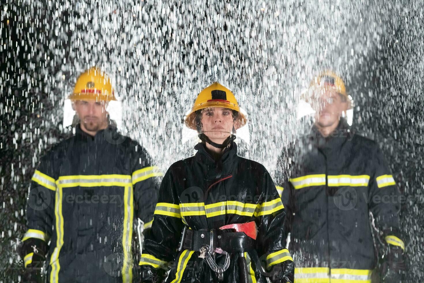 Portrait of a group of firefighters standing and walking brave and optimistic with a female as team leader. photo