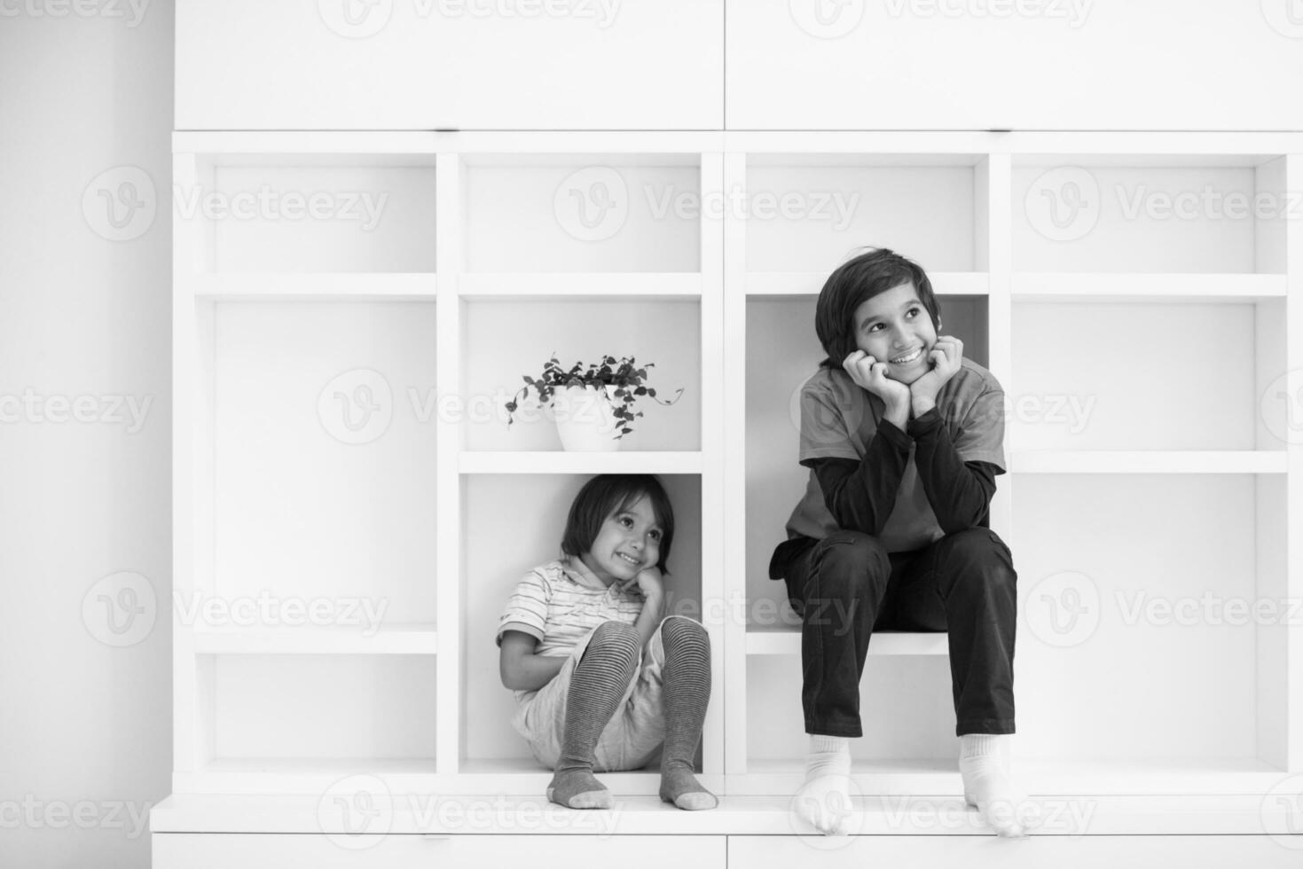 young boys posing on a shelf photo