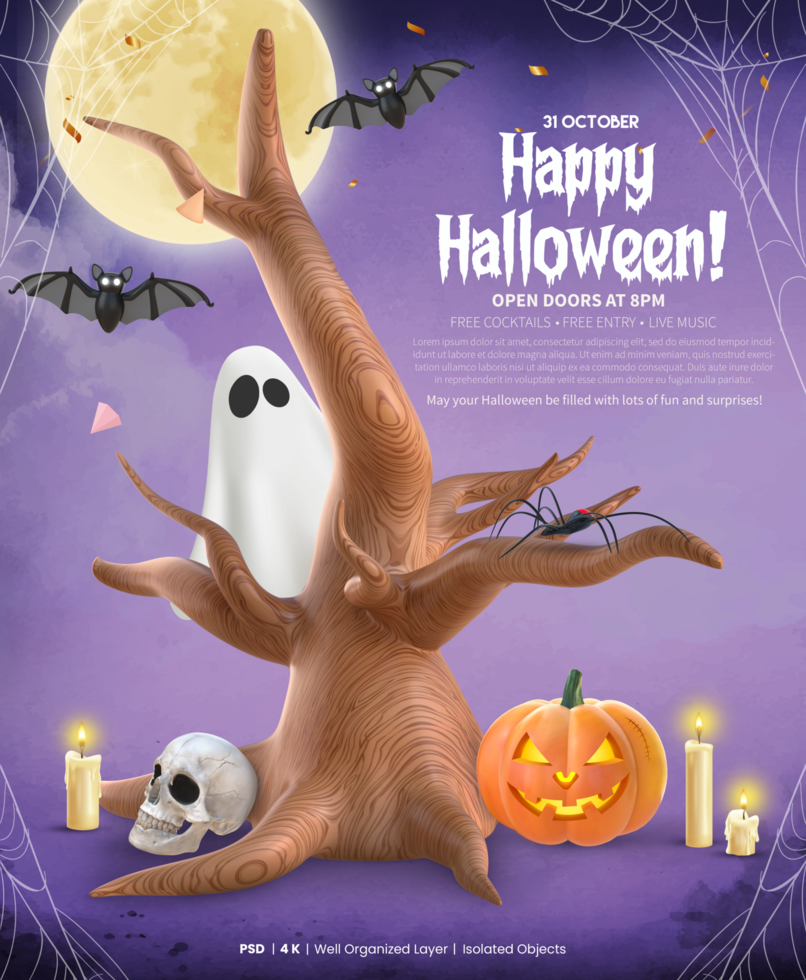 Happy Halloween Poster Template With 3D Rendering Halloween Tree, Pumpkin, Skull, Bats And Ghost psd