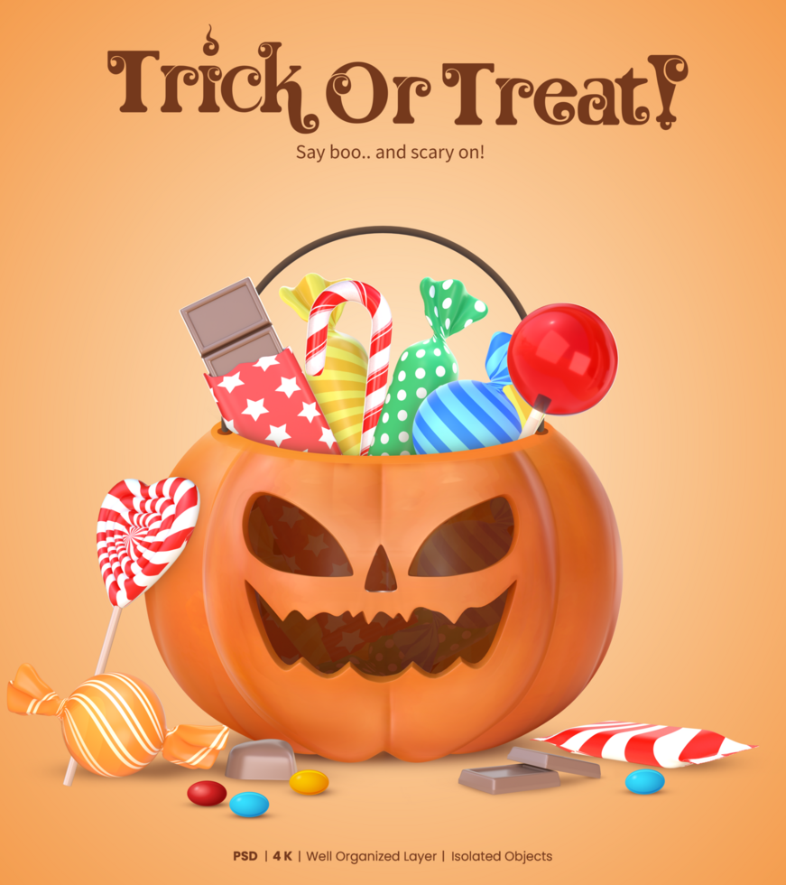 Trick Or Treat Halloween Card Template With 3D Rendering Pumpkin Candy Bag With Candies psd