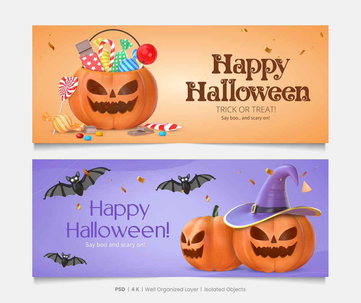 Happy Halloween Banners Set With 3D Rendering Halloween Elements psd