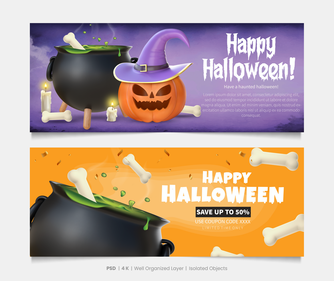 Happy Halloween Banners Set With 3D Rendering Halloween Elements psd