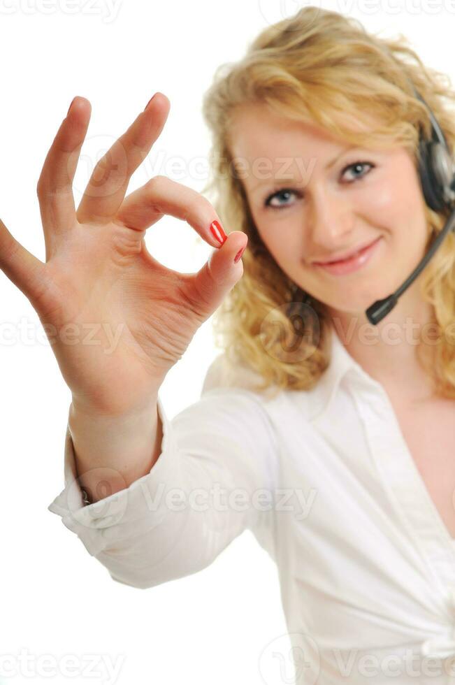 mujer rubia de negocios con auriculares foto