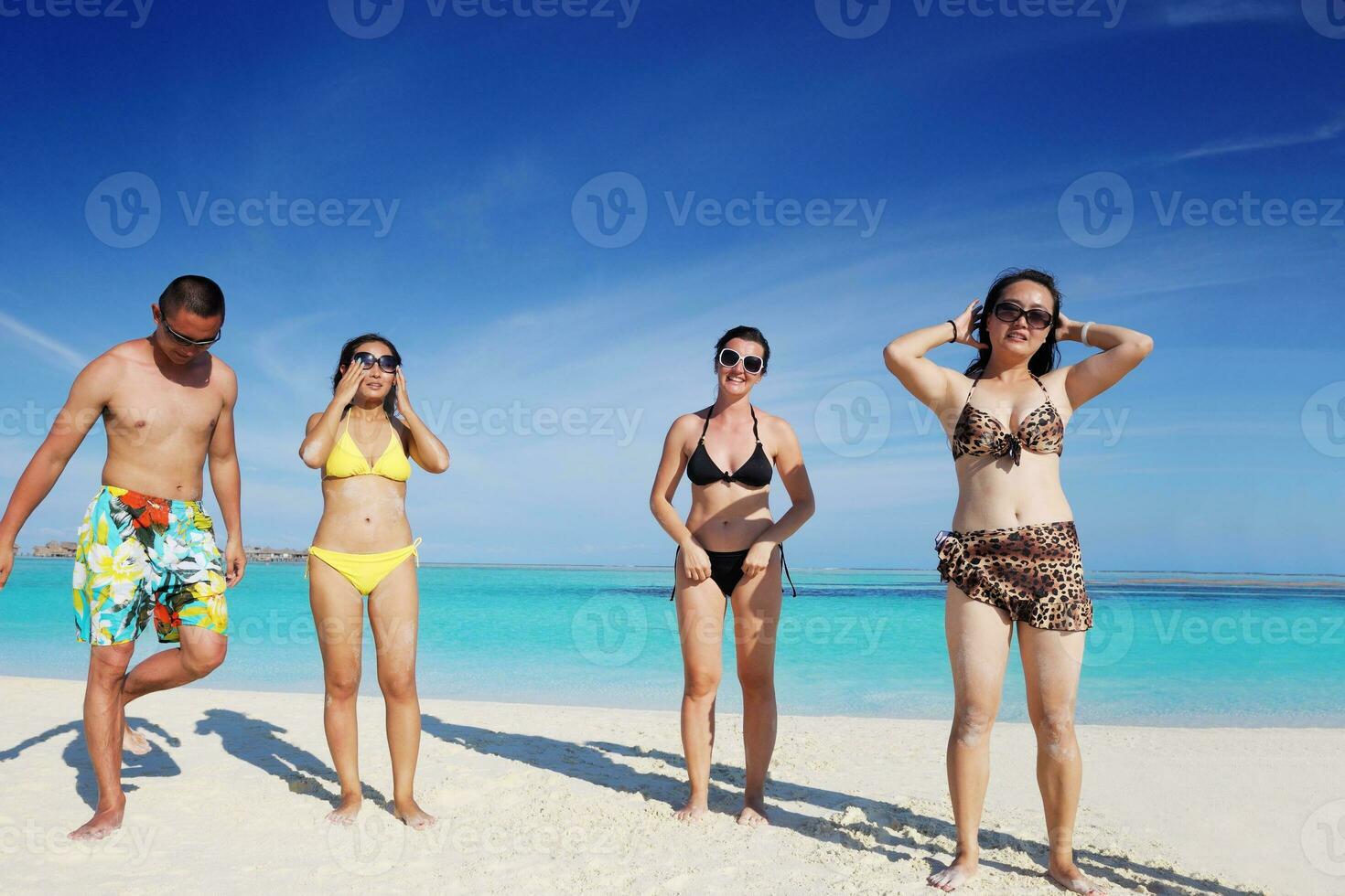 group of happy young people have fun on bach photo