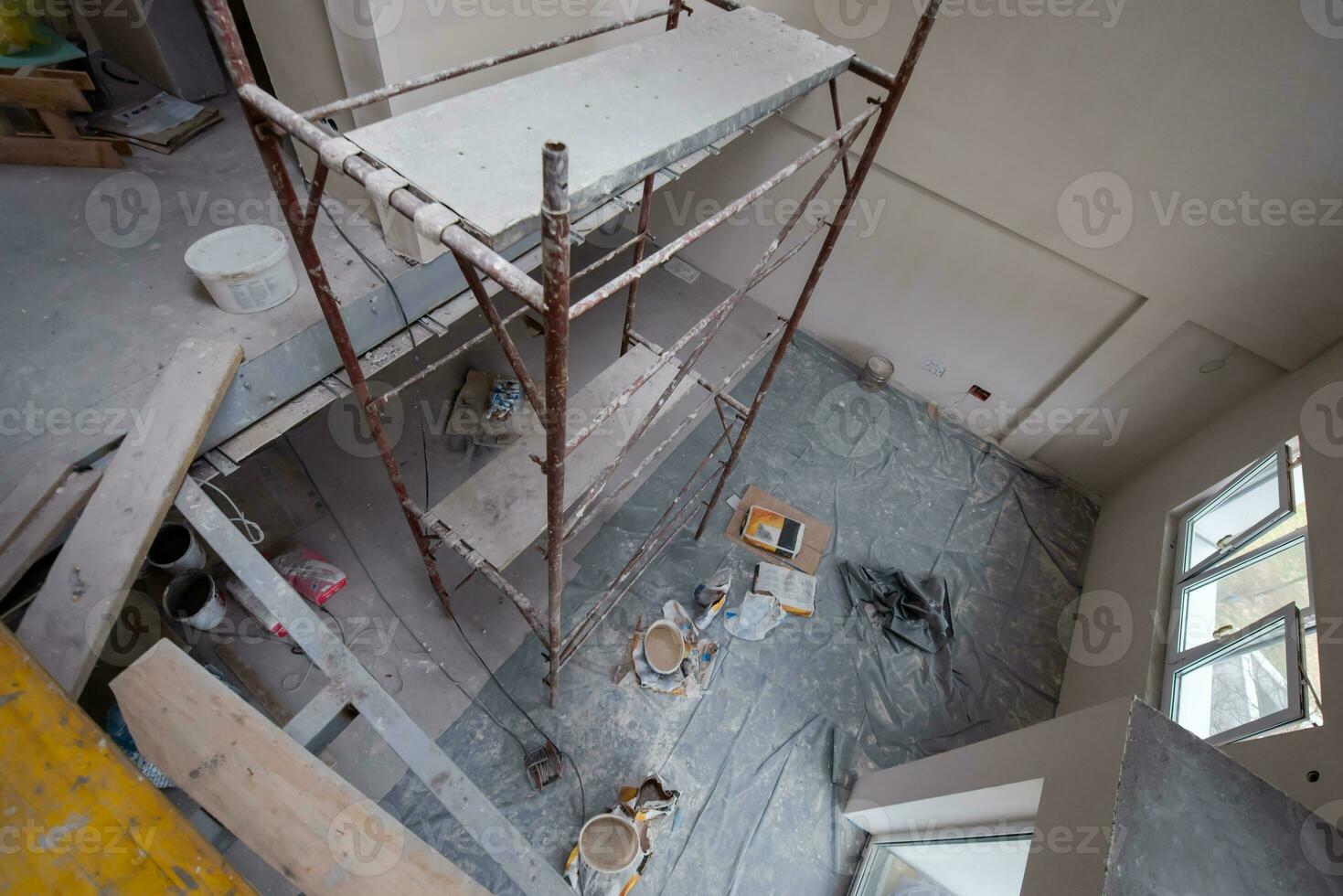 interior of construction site with scaffolding photo