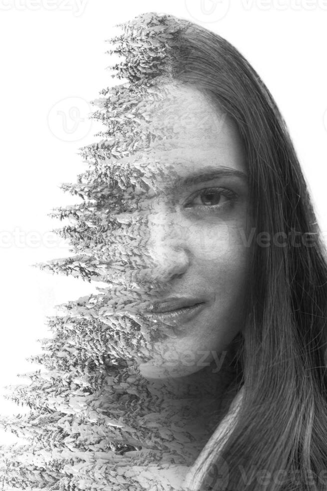 Double exposure of young beautyful girl photo