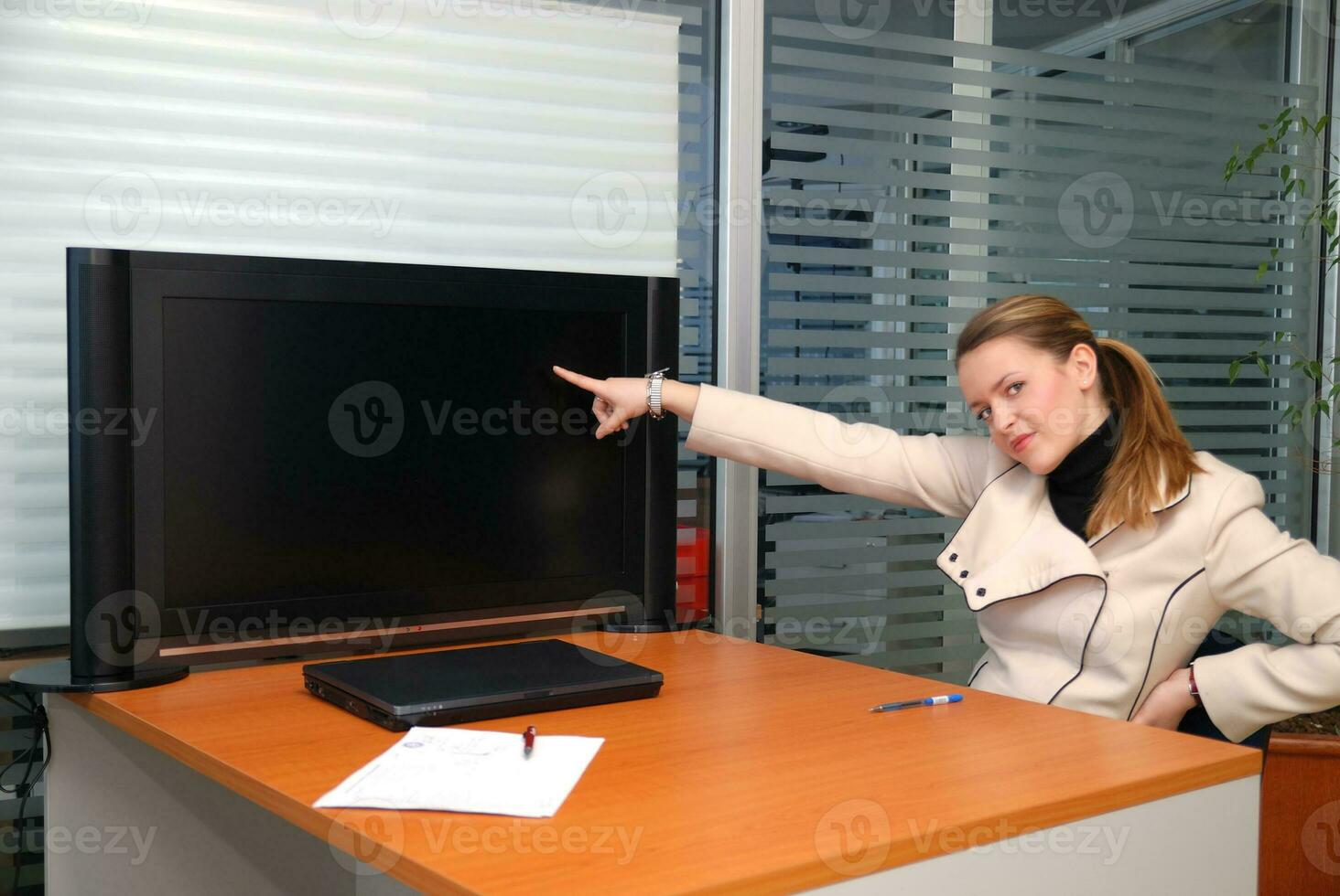 business woman pointing on screen photo