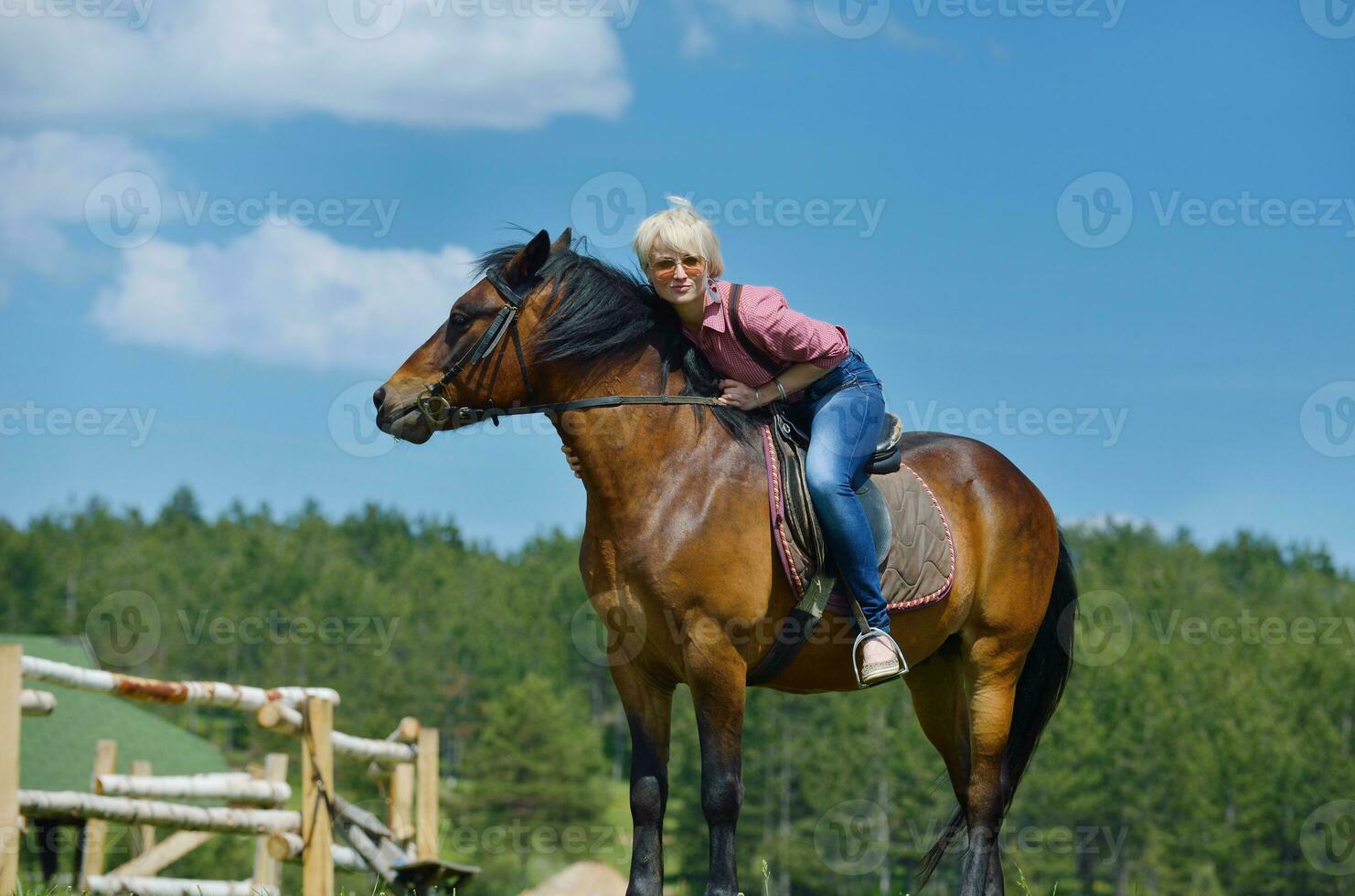 happy woman  on  horse photo