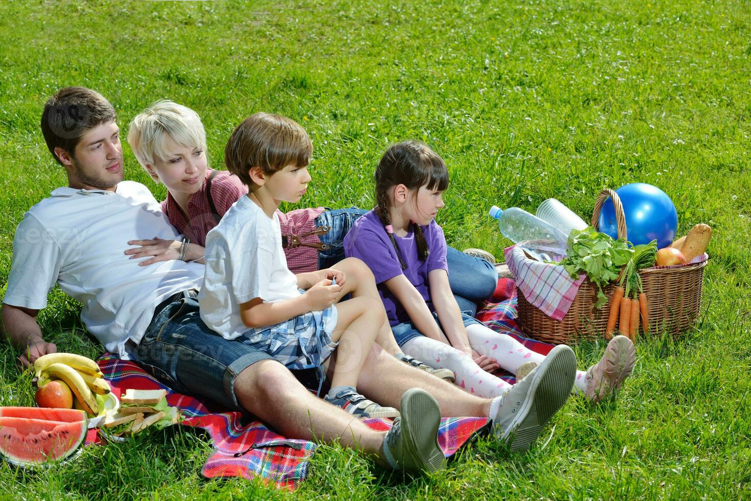 Happy family playing together in a picnic outdoors photo