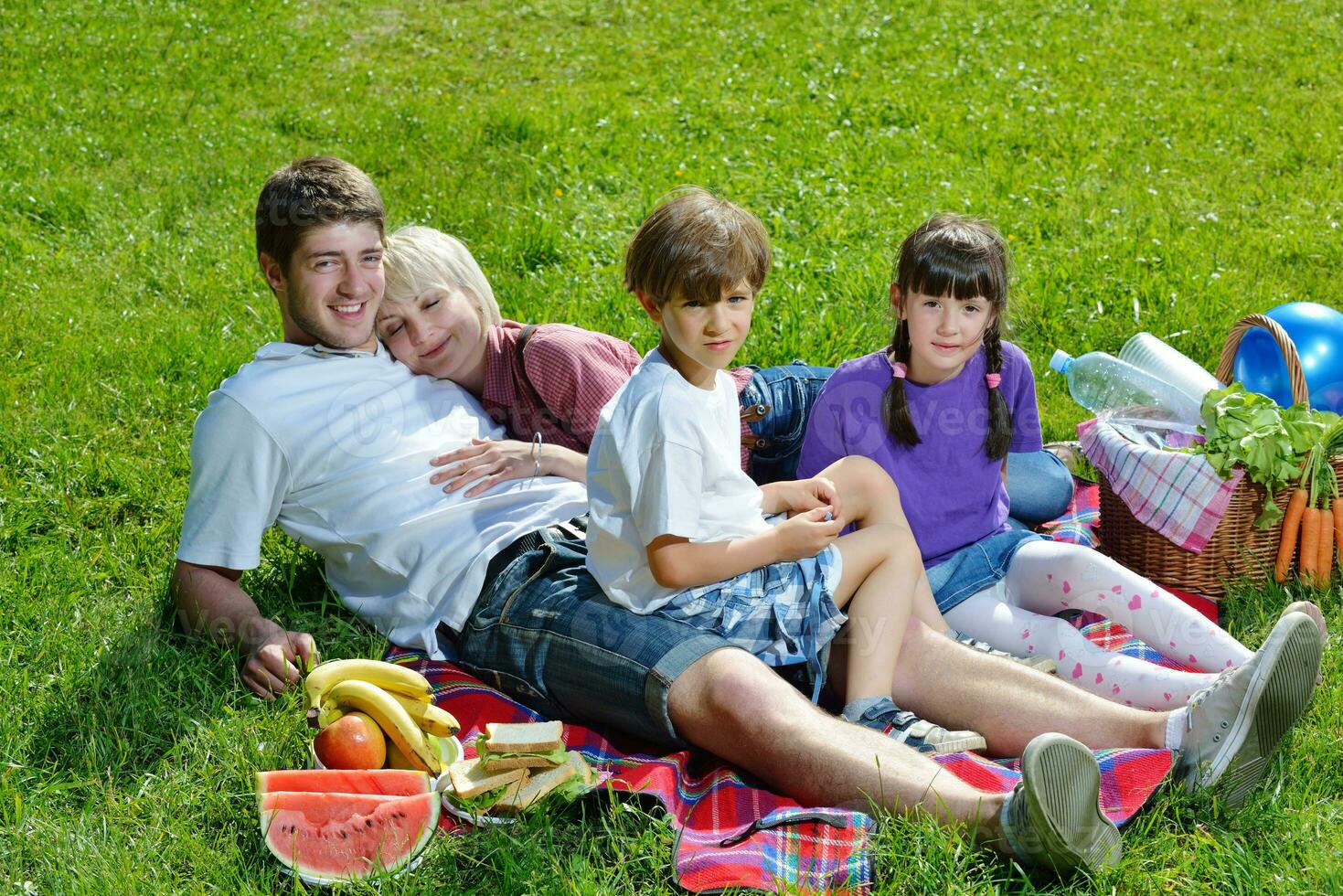 Happy family playing together in a picnic outdoors photo