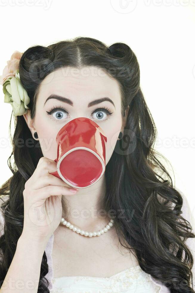 beautiful young woman with red coup of coffee isolated on white photo