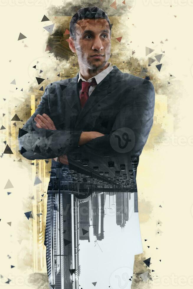 Double exposure with low poly design of businessman and city photo