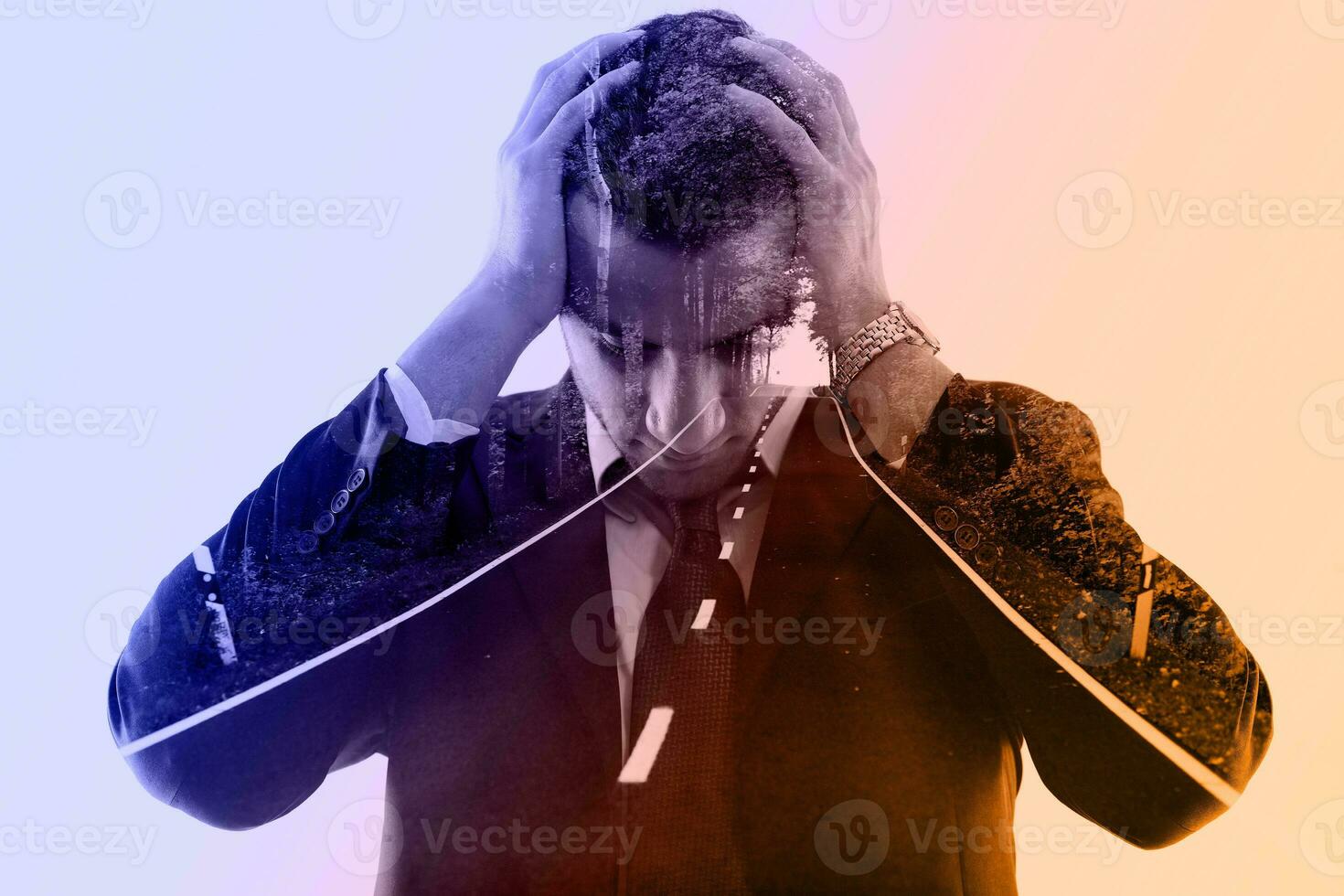 double exposure of depressed business man and road in nature photo