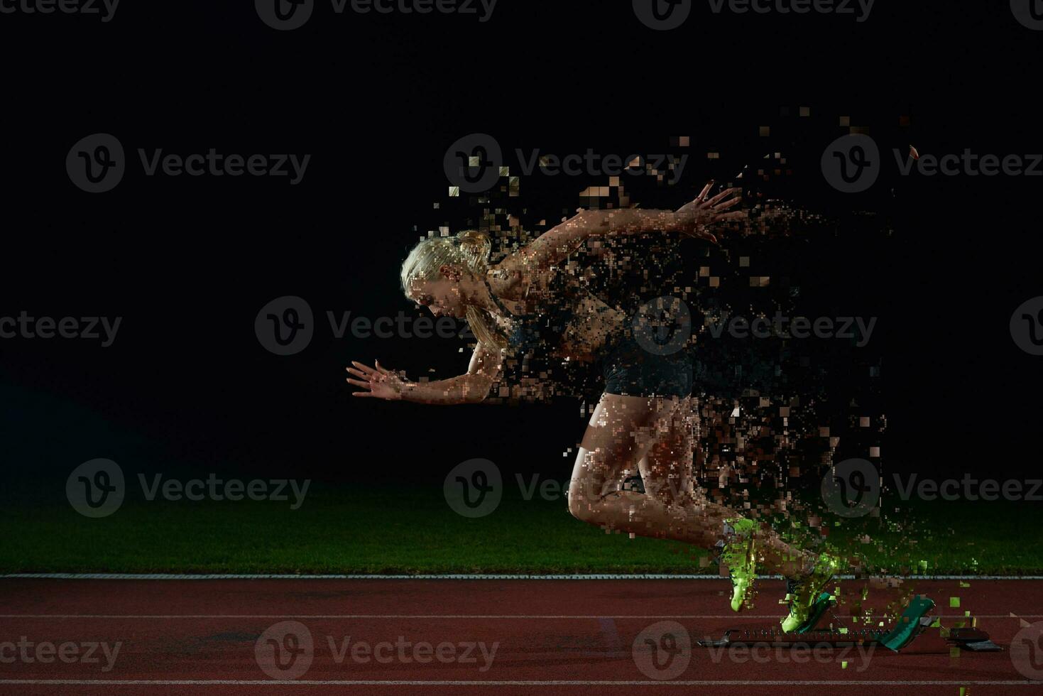 pixelated design of woman  sprinter leaving starting blocks photo