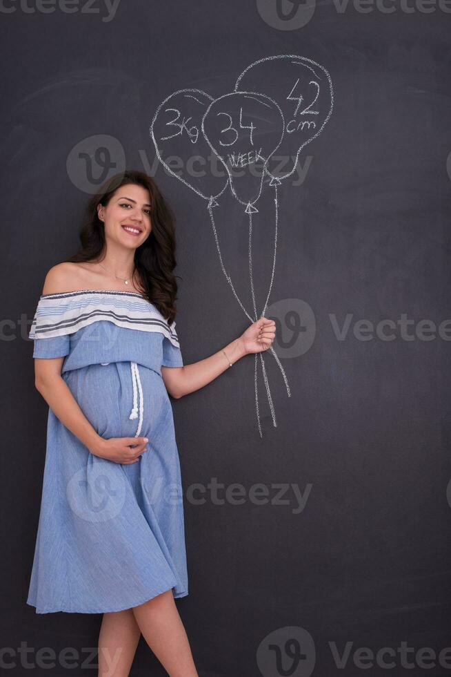 Portrait of pregnant woman in front of black chalkboard photo