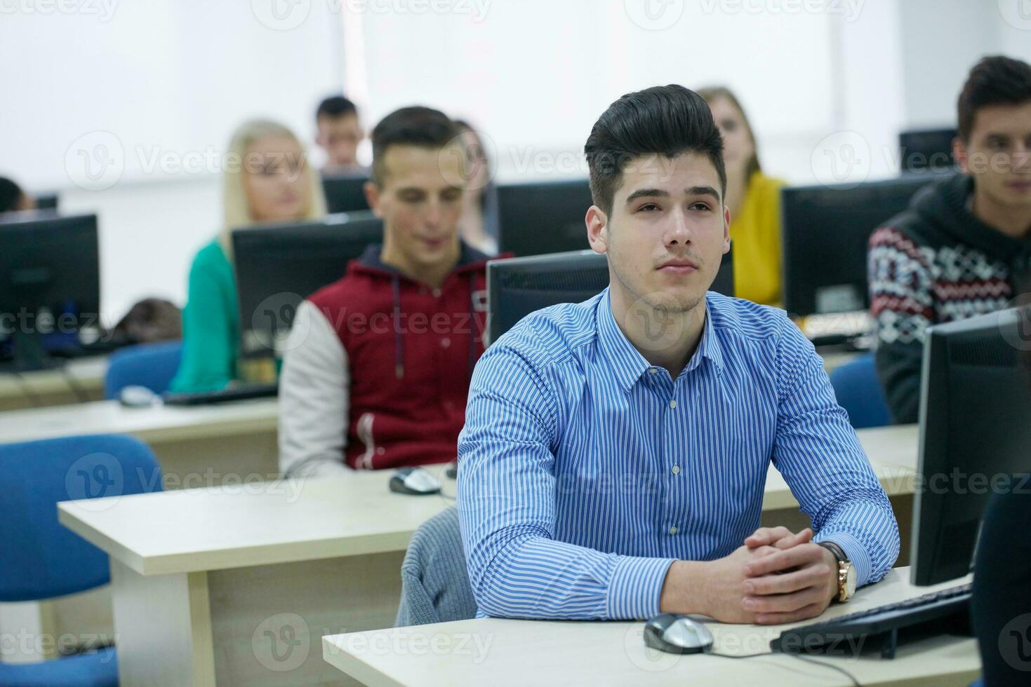 students group in computer lab classroom photo