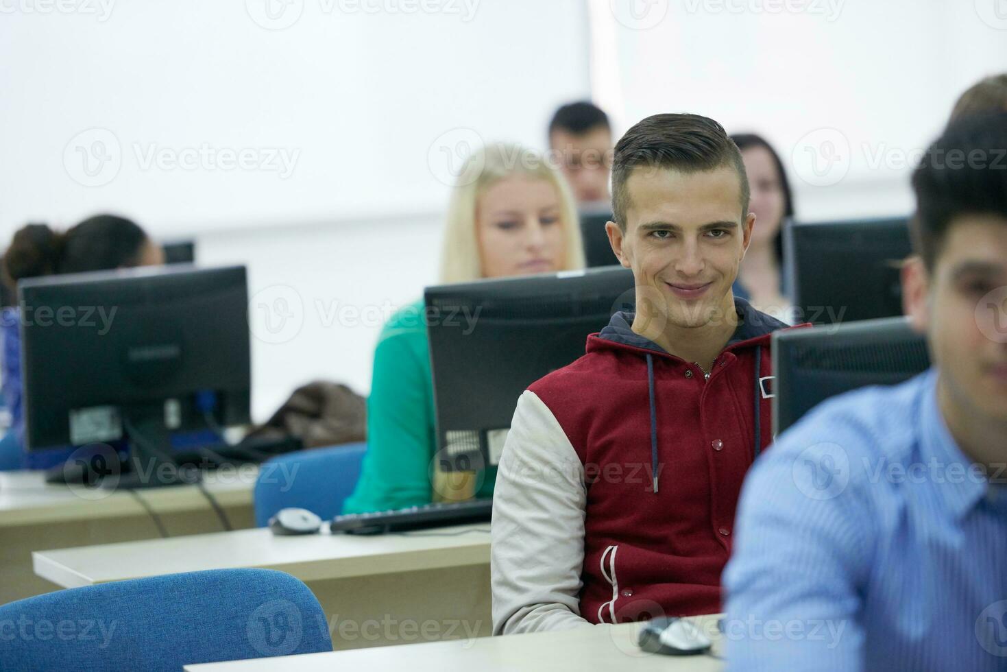 students group in computer lab classroom photo