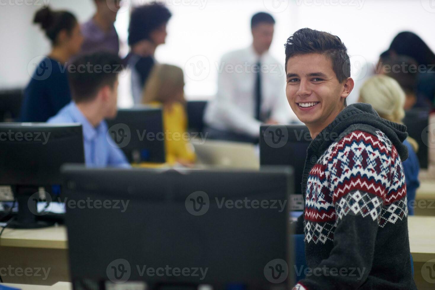 students group in computer lab classroom photo