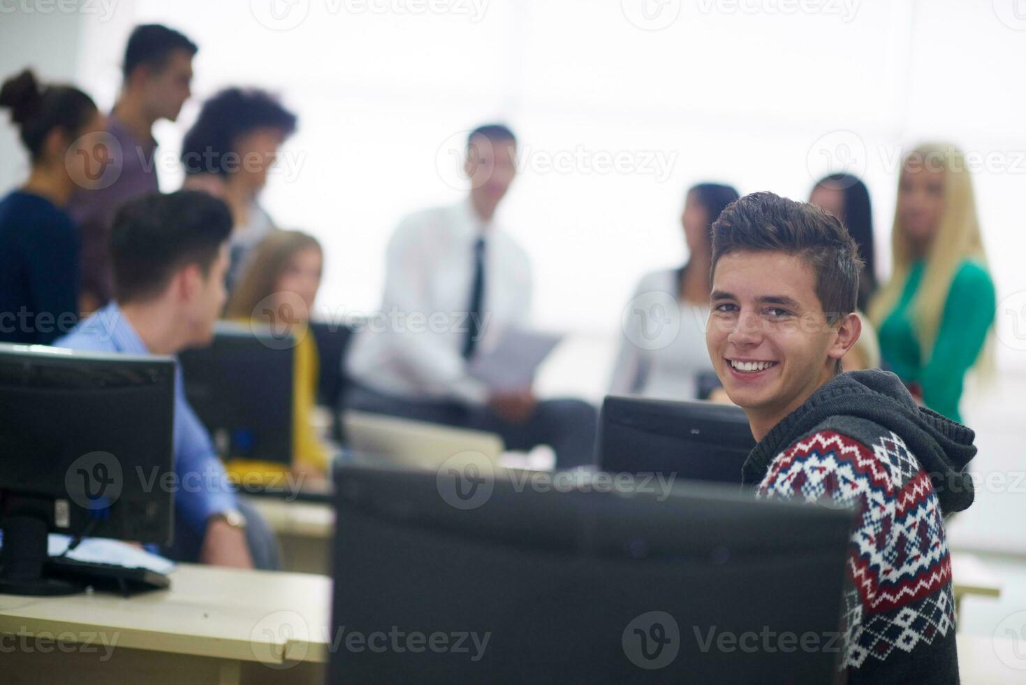 students group in computer lab classroom photo