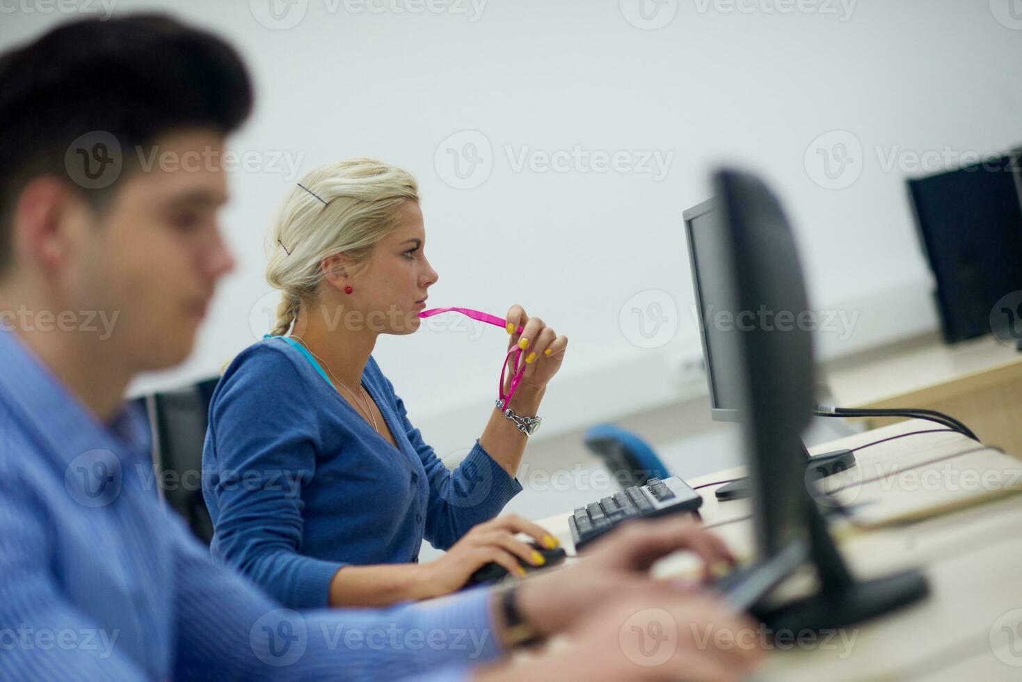 students group in computer lab classroom photo