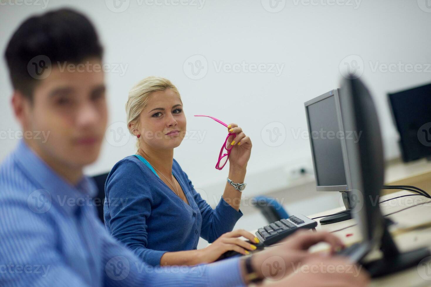students group in computer lab classroom photo