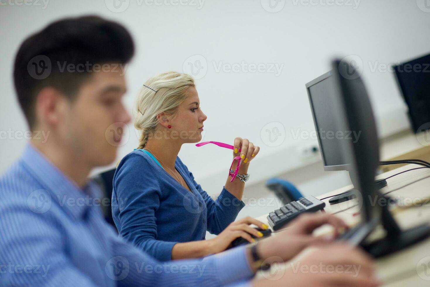 students group in computer lab classroom photo