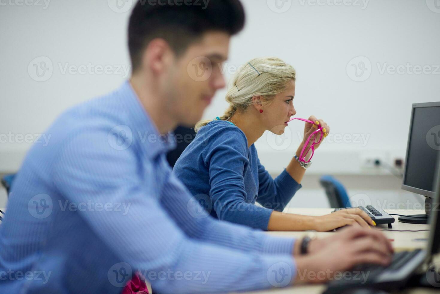 students group in computer lab classroom photo
