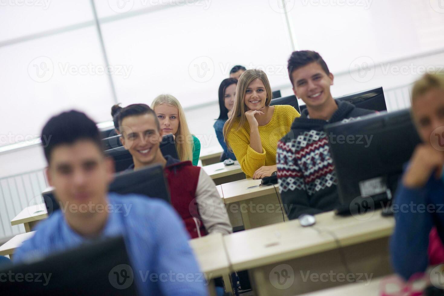 students group in computer lab classroom photo