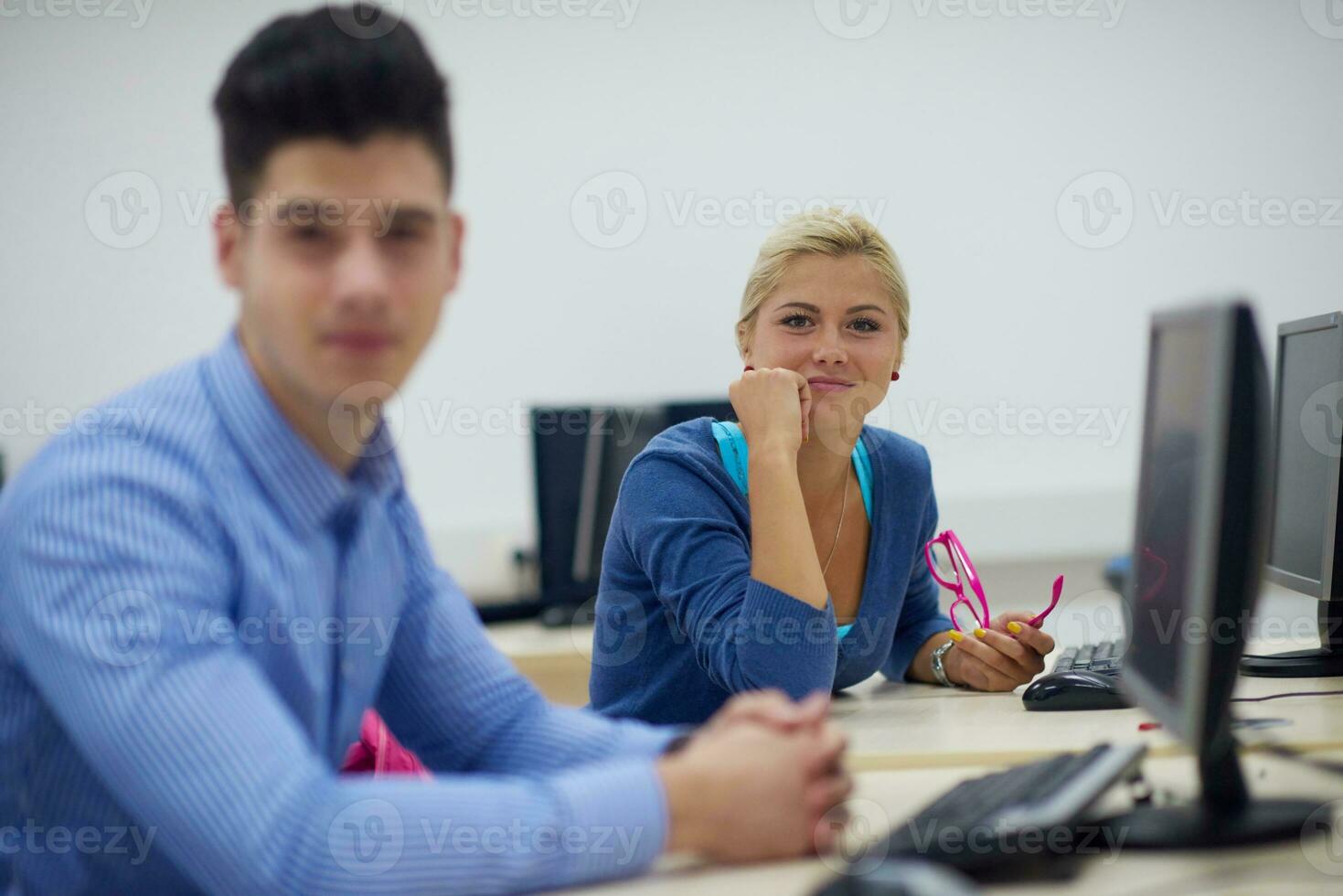 students group in computer lab classroom photo