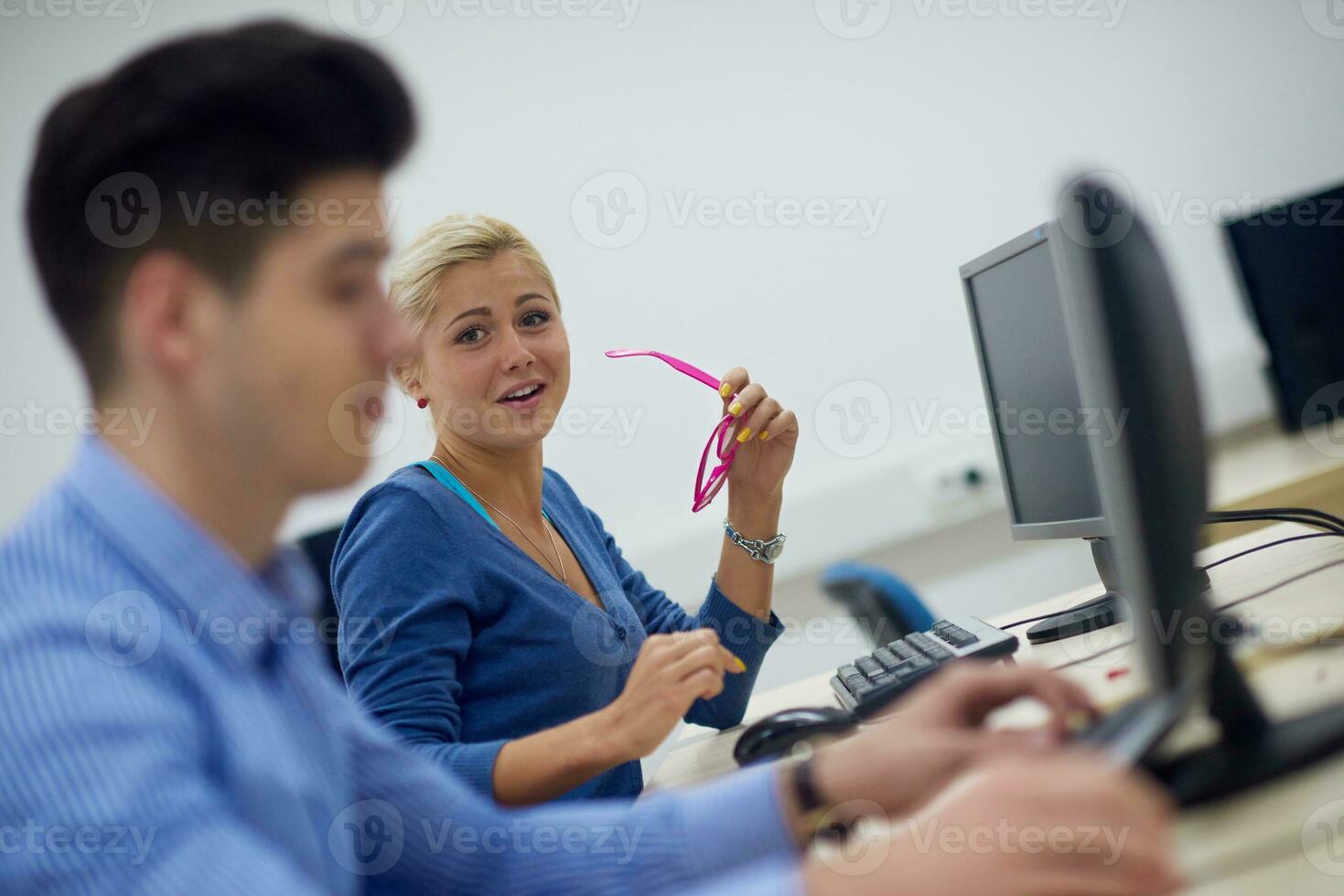 students group in computer lab classroom photo