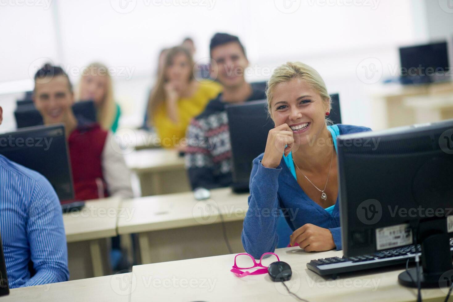 students group in computer lab classroom photo