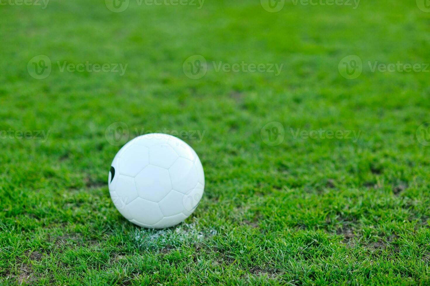 Soccer ball on grass at goal and stadium in background photo