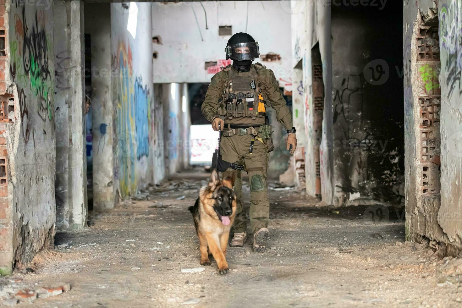 Modern Warfare Soldiers with military working dog in action on the battlefield. photo