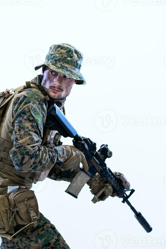 soldier in action aiming laseer sight optics photo