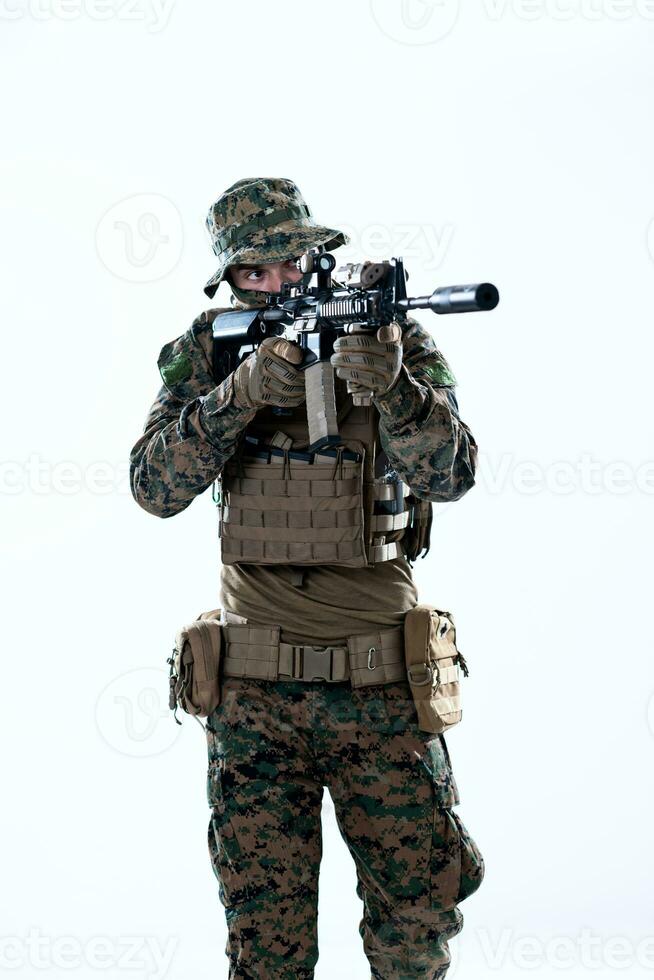 soldier in action aiming laseer sight optics photo