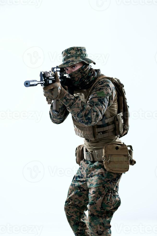 soldier in action aiming laseer sight optics photo