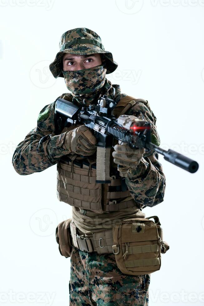 soldier in action aiming laseer sight optics photo