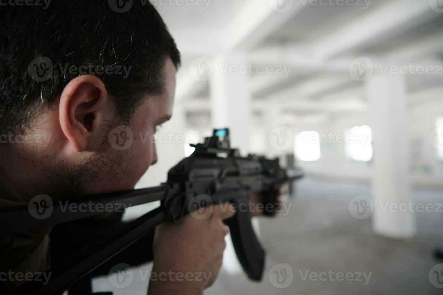 special agent  soldier aiming  wearing  casual clothing photo