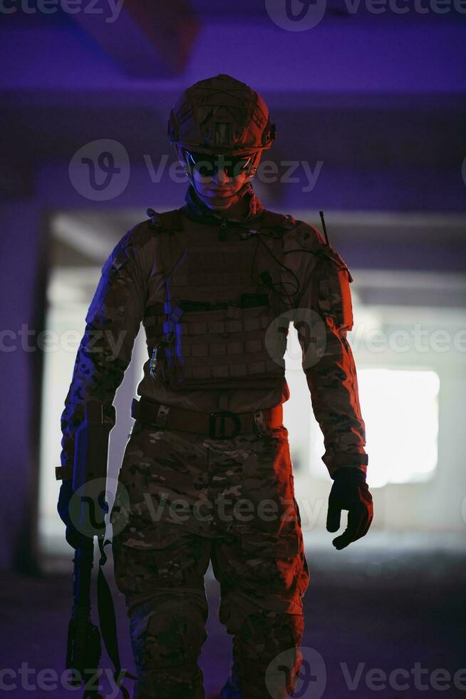 modern warfare soldier in urban environment photo