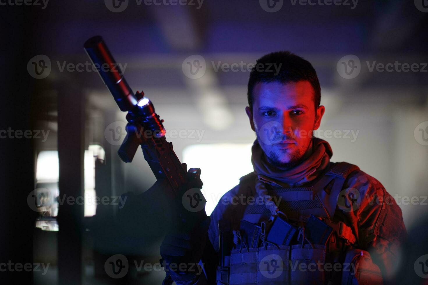 modern warfare soldier in urban environment photo