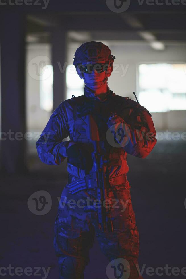 modern warfare soldier in urban environment photo