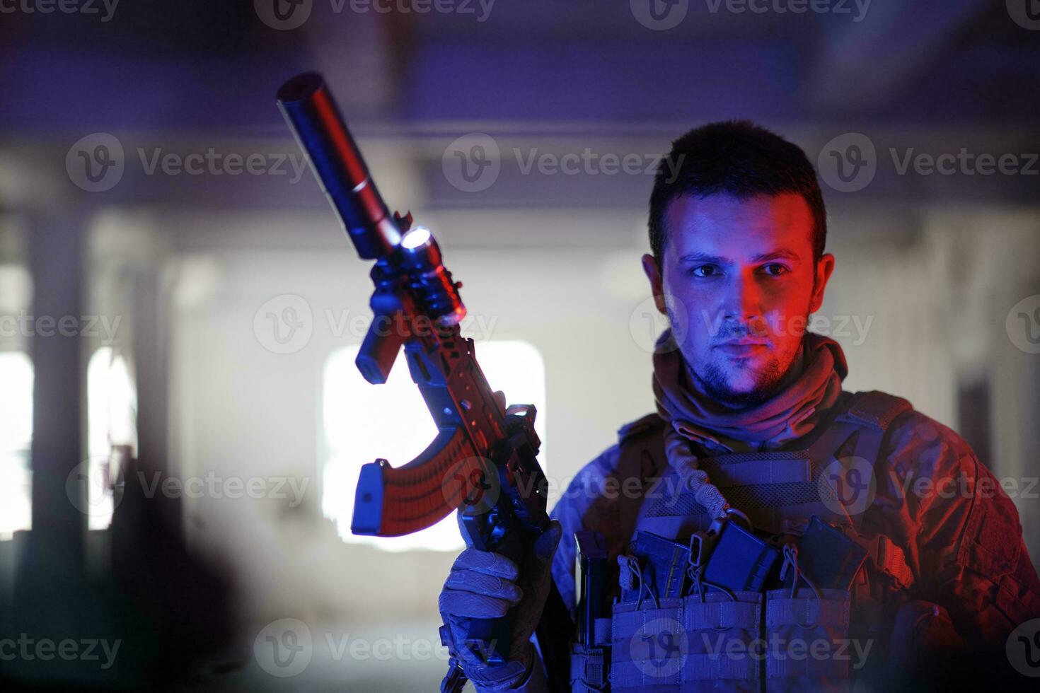 modern warfare soldier in urban environment photo