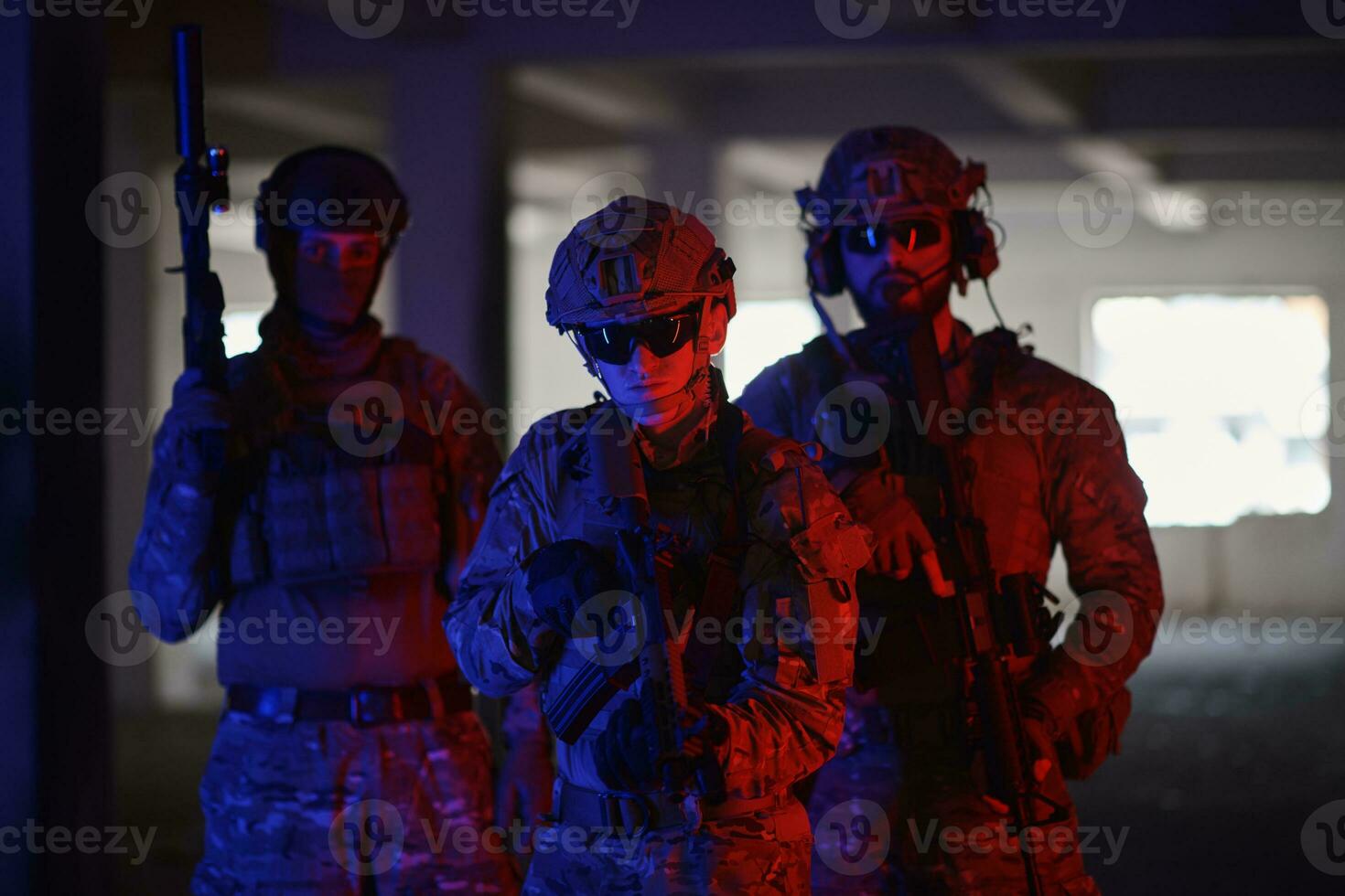 soldier squad team portrait in urban environment colored lightis photo