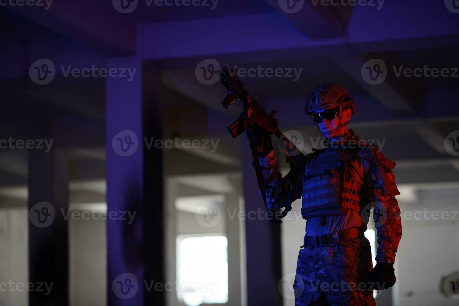 modern warfare soldier in urban environment photo