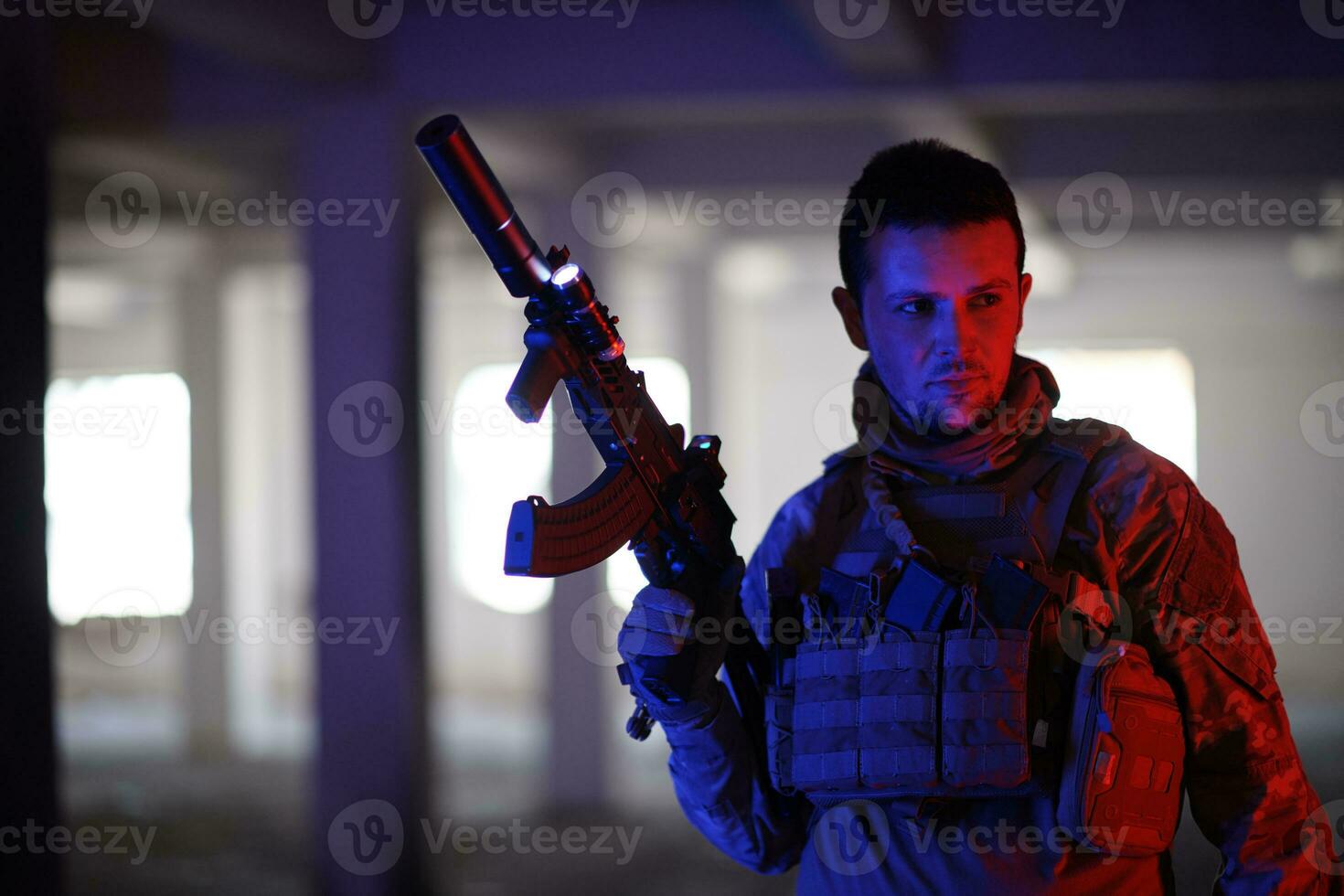 modern warfare soldier in urban environment photo