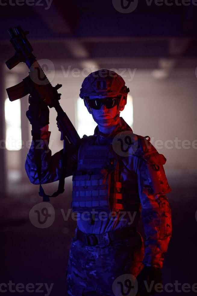 modern warfare soldier in urban environment photo