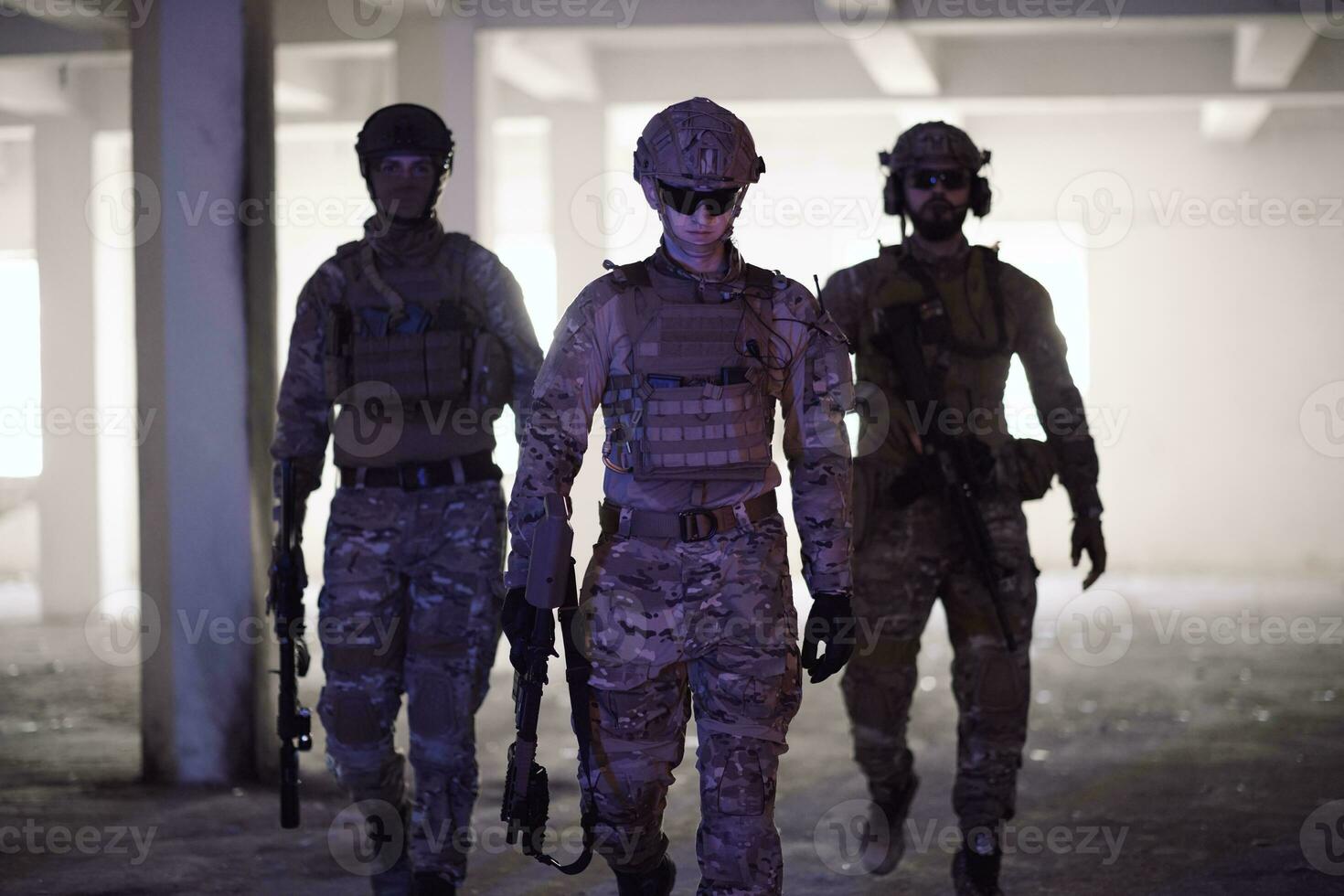 soldier squad team portrait in urban environment colored lightis photo